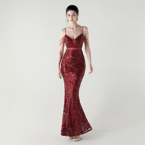 Graceful Sequin Embellished Mesh Mermaid Maxi Dress